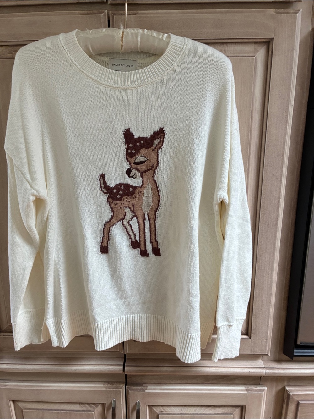 Sincerly Jules Cream Crewneck Sweater with Deer Motif Sz S